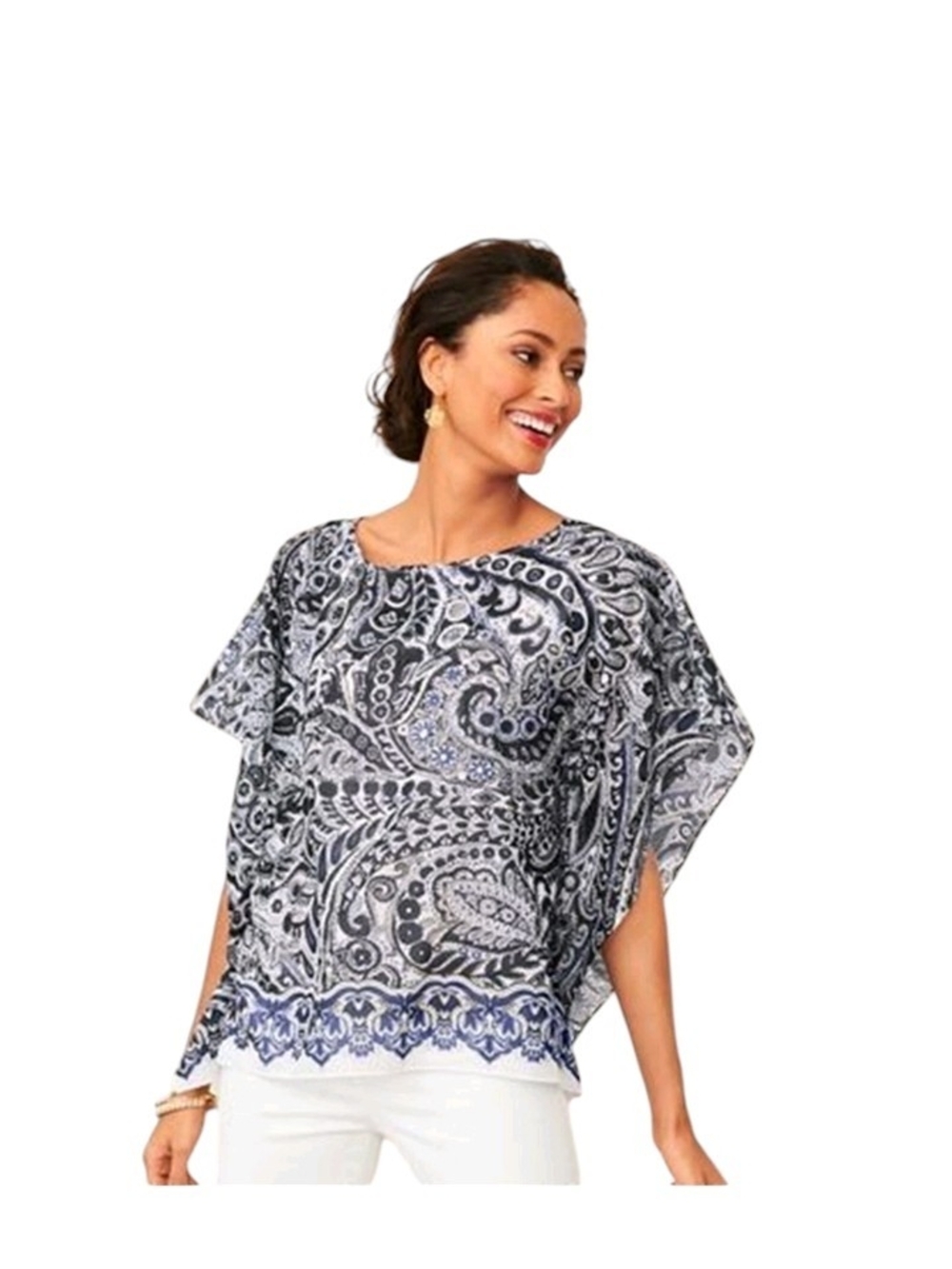 Talbots Blue and White Paisley Flutter-Sleeve Tunic